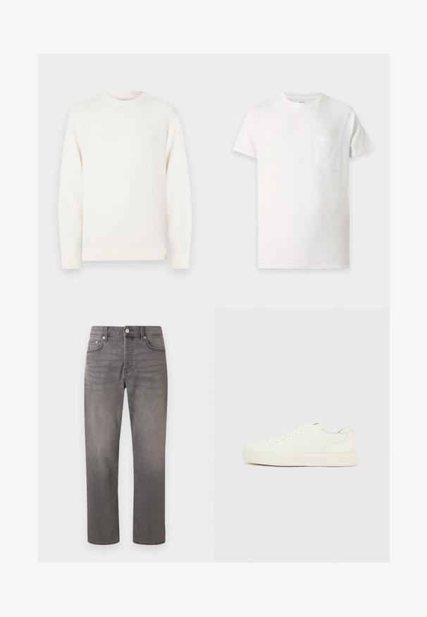 Pull blanc en tricot avec col rond, manches longues, poignets et ourlet côtelés, présentant une finition texturée sans ornements supplémentaires.; T-shirt blanc uni à manches courtes avec un col rond et une petite poche poitrine sur le côté gauche.; Jean gris à jambes droites avec bouton avant, fermeture éclair, passants de ceinture et design classique à cinq poches sur fond blanc.; Baskets basses blanches avec laçage à l'avant, dessus en cuir lisse et semelle épaisse en caoutchouc, vues de côté extérieur sur un fond uni.