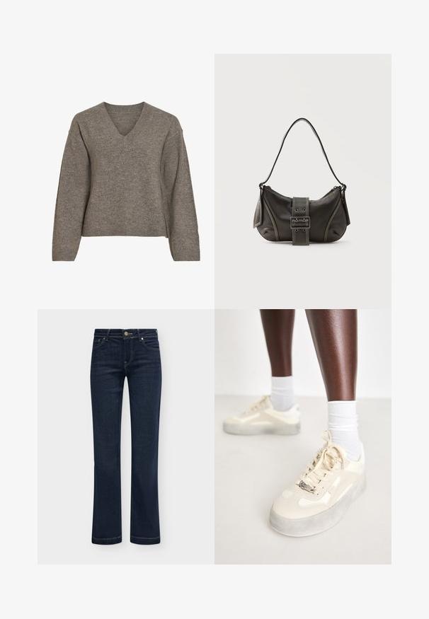 Brauner gestrickter Langarmpullover mit V-Ausschnitt und gerippten Bündchen und Saum, dargestellt auf weißem Hintergrund.; Dunkelblaue Jeans mit geradem Bein, fünf Taschen und Knopfverschluss, flach auf hellem Hintergrund präsentiert.; Beige Sneakers aus glattem Leder und Wildlederakzenten, graue Gummisohle, strukturierte Muster und ein metallisches Markenlogo an der Seite.; Schwarze Leder-Schultertasche mit Schnallengurt-Detail, abgerundeten Kanten und kontrastierenden weißen Nähten auf schlichtem Hintergrund.