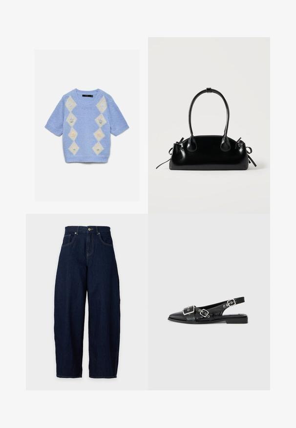 Lichtblauwe gebreide trui met korte mouwen met crèmekleurige ruitpatronen aan de voorkant, elk met kleine pastelgekleurde bloemenmotieven.; Donkerblauwe wijde denim jeans met knoop- en ritssluiting aan de voorkant, riemlussen en voorzakken tegen een lichte achtergrond.; Zwart leren slingback schoen met een spitse neus, twee zilveren gespen en een lage blokhak. Bevat een gemêleerde bovenkant en een open achterkant.; Kleine zwarte glanzende handtas met twee lange hengsels en zijkant trekkoord details op een effen lichte achtergrond.