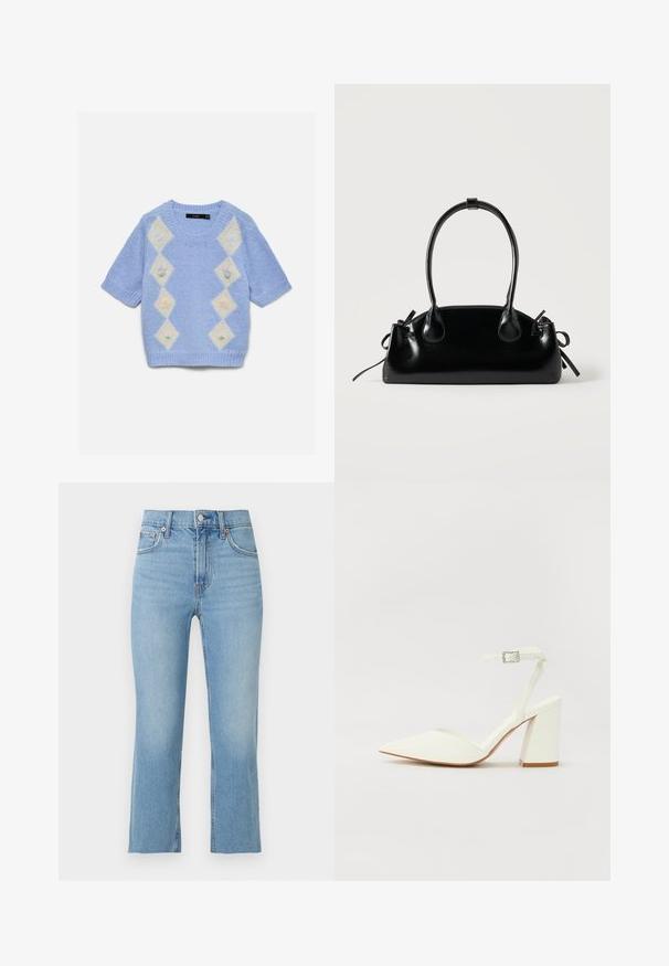 Pull tricoté bleu clair à manches courtes avec des motifs losanges crème sur le devant, chacun contenant de petits motifs floraux aux couleurs pastel.; Jean en denim bleu clair avec coupe droite, fermeture par boutons à l'avant, passants de ceinture et cinq poches sur un fond blanc uni.; Sandale blanche à talon avec un bout pointu, sangle de cheville réglable et un talon carré épais. Texture lisse avec des détails de couture minimaux.; Petit sac à main noir brillant avec deux longues anses et des détails à cordon sur les côtés sur un fond clair uni.