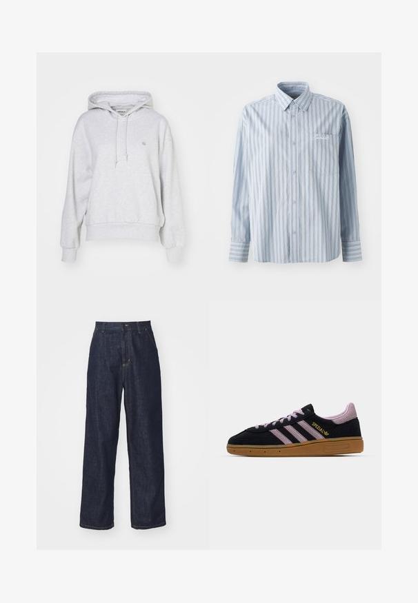 Carhartt WIP HOODED CASEY - Sweat à capuche - ash heather/silver; Chemise à manches longues bleu clair avec des rayures verticales blanches et foncées et une poche poitrine avant ornée de broderie en écriture blanche.; Jeans en denim droit bleu foncé avec passants de ceinture, bouton avant et poches latérales sur fond blanc.; Baskets en suède noir et rose avec semelle en caoutchouc, trois rayures roses, marquage doré "SPEZIAL" et semelle en gomme texturée. Design basse.