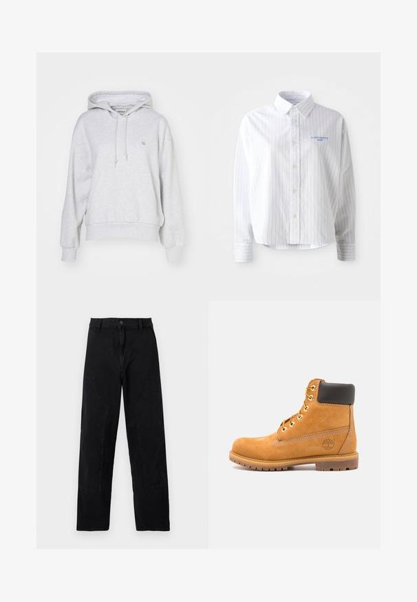 Carhartt WIP HOODED CASEY - Mikina s kapucňou - ash heather/silver; Biela košeľa na gombíky s svetlomodrými vertikálnymi prúžkami, s špicatým golierom a malým modrým logom na ľavej hrudi. Bavlnený materiál, voľný strih.; Čierne nohavice rovného strihu s prednými náprsnými vreckami, pútkami na opasok a zapínaním na gombíky na jednoduchom svetlom pozadí.; Hnedé kožené členkové topánky s čiernym polstrovaním, zlatými očkami a štruktúrovanou podrážkou. Obsahujú kruhové logo na boku a akcenty v podobe šitia.