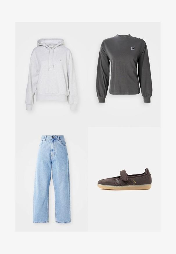 Carhartt WIP HOODED CASEY - Hættetrøje - ash heather/silver; Langærmet grå t-shirt lavet af bomuld, med rund halsudskæring og elastiske manchetter, samt et lille firkantet logo på brystet.; Højhalset lysblå denimjeans med lige vide ben, frontknap, lynlås lukning samt front- og baglommer.; Brun Adidas Samba sneaker med velcro rem, gummisål og signaturstriber med krokodillemønster på hvid baggrund.