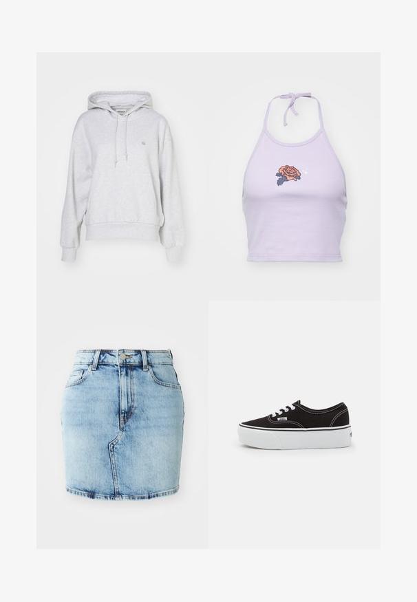 Carhartt WIP HOODED CASEY - Hættetrøje - ash heather/silver; Lilla halterneck crop top lavet af bomuld, med en rosestikning i orange og marineblå, og en bindesløjfe i nakken.; Lys blå denimnederdel med en tætsiddende facon, fem lommer, knap- og lynlås lukning samt stikninger langs kanten.; Sort lærred sneakers med en hvid gummi platform sål, der har hvide snørebånd og syninger, ikonisk branding på siden, lav-top design.