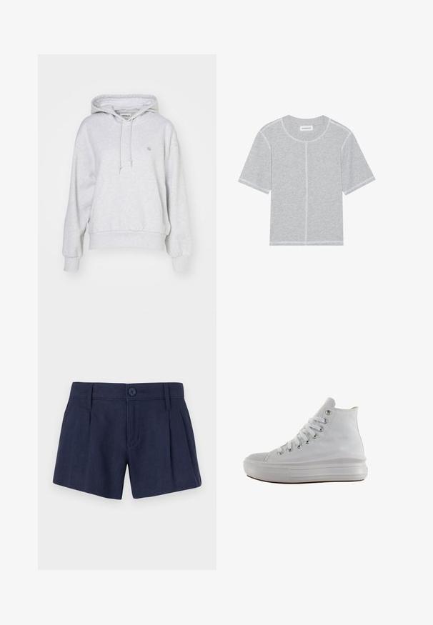 Carhartt WIP HOODED CASEY - Mikina s kapucňou - ash heather/silver; Šedé bavlnené tričko s krátkymi rukávmi, okrúhlym výstrihom a kontrastným bielym prešívaním pozdĺž švov a lemov. Jednoduchý, nezdobený dizajn.; Námořnické modré lněné šortky s hladkým povrchem, s předními sklady, jedním knoflíkem na zapínání a standardními poutek na opasek.; Biele vysoké plátenné tenisky s bielymi šnúrkami, kovovými očkami, hrubou gumovou podrážkou a textúrovanou špičkou, mieriac doľava na bielom pozadí.