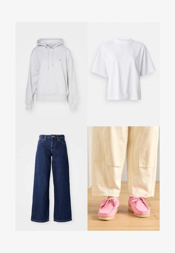 Carhartt WIP HOODED CASEY - Hættetrøje - ash heather/silver; Hvid bomulds t-shirt med en afslappet pasform, korte ærmer og ribbet rund halsudskæring. Har subtil branding på brystet.; Mørkeblå vide jeans lavet af denim, med knap- og lynlåslukning, bæltesløjfer og klassisk fem-lomme design.; Lyserøde ruskinds mokkasiner med snørebånd, med en struktureret overflade og en lys beige gummisål, parret med beige bukser.