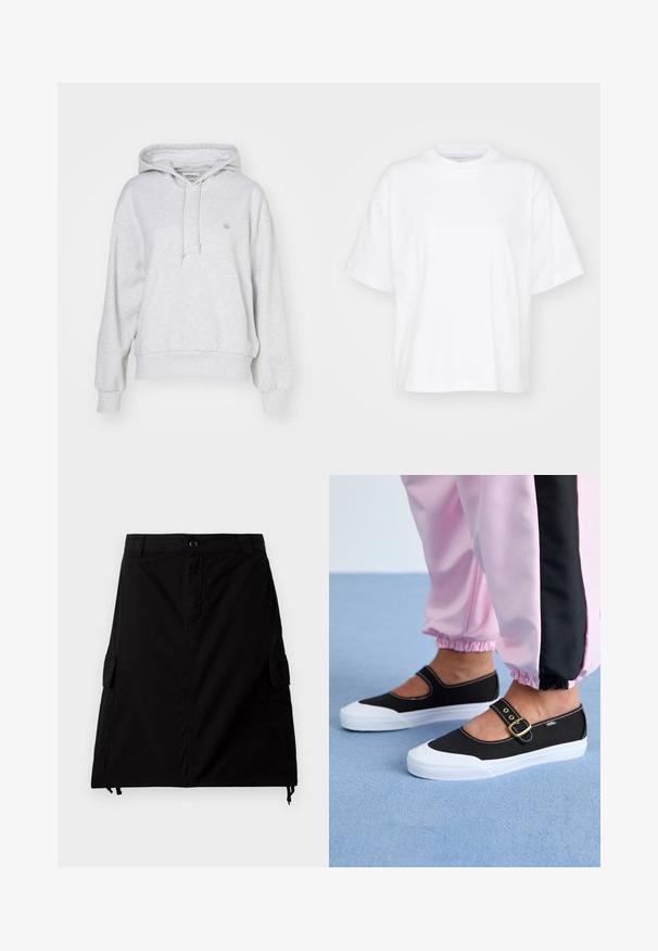 Carhartt WIP HOODED CASEY - Hættetrøje - ash heather/silver; Hvid bomulds t-shirt med rund hals, korte ærmer og en afslappet pasform. Har et diskret logo på venstre brystområde. Glat tekstur.; Sort cargo-nederdel lavet af bomuldsblandingsstof med lige snit, med sidelommer, forreste knaplukning og justerbar snor i kanten.; Sorte lærredssko med en hvid sål, der har et udskæringsdesign og et guldspænde. Bæret med lyserøde træningsbukser.