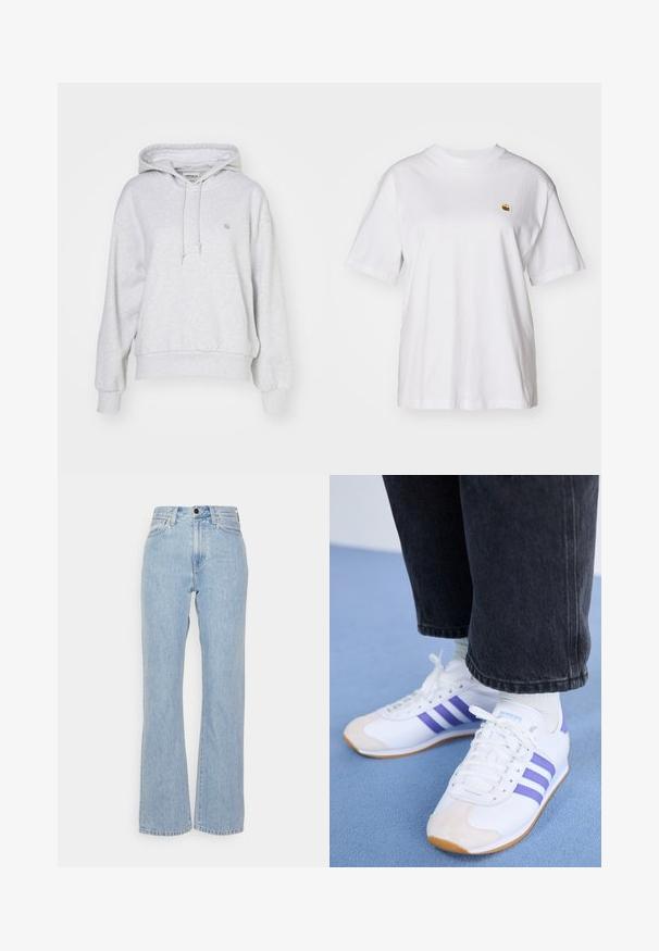 Carhartt WIP HOODED CASEY - Φούτερ με κουκούλα - ash heather/silver; Λευκό βαμβακερό μπλουζάκι με χαλαρή εφαρμογή, κοντά μανίκια, και ένα μικρό κεντητό λογότυπο στην αριστερή περιοχή του στήθους.; Ανοιχτό μπλε τζιν παντελόνι με ψηλή μέση, φαρδιά γραμμή, που διαθέτει θηλιές ζώνης, μπροστινό κλείσιμο με κουμπί και κλασικό στυλ πέντε τσεπών.; Λευκά sneakers με μοβ ρίγες, διαθέτοντας σουέτ προστατευτικό μπροστινό μέρος και υφή στη σόλα. Φοριούνται με μαύρα παντελόνια με μανσέτα και λευκές κάλτσες.