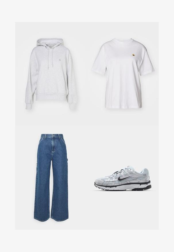 Carhartt WIP HOODED CASEY - Hættetrøje - ash heather/silver; Hvid bomulds-t-shirt med en afslappet pasform, korte ærmer og et lille broderet logo på venstre brystområde.; Bredde ben blå denimbukser med høj talje, kontrastsyede sømme og sidelommer, med et klassisk fem-lomme design og rå kanter.; Nike P-6000 sneakers med en lys grå mesh overdel, sorte accenter og en holdbar sort gummisål. Har et detaljeret design og snøresystem.