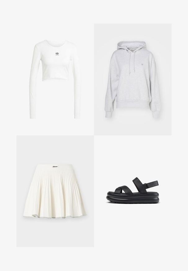 Carhartt WIP HOODED CASEY - Huppari - ash heather/silver; Valkoinen lyhyt cropped pitkähihainen paita, joka on valmistettu ribbikuidusta. Varustettu pyöreällä kaula-aukolla ja pienellä mustalla Adidas-logolla rinnassa.; Valkoinen laskostettu tennishame, jossa leveä vyötärönauha ja niiden keskellä pieni ellesse-logopatch.; Mustat nahkaiset korolliset sandaalit, joissa on ristiin menevät hihnat, pehmustettu pohja ja säädettävä takahihna varmistamassa tukevan istuvuuden.