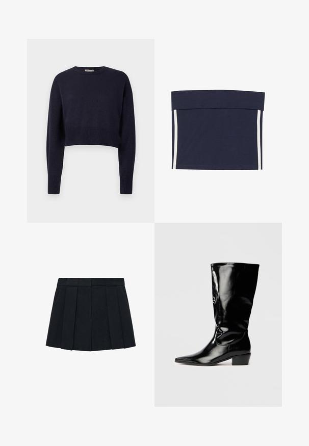Marineblå cropped sweater med lange ærmer, ribbet struktur på ærmerne og den nederste kant samt rund halsudskæring.; Marineblå cropped top med en bred båndet halsudskæring. Har lodrette hvide striber langs begge sider. Fremstillet af blødt, strækbart stof.; Sort plisseret nederdel lavet af stof med en glat tekstur. Har en struktureret talje og flere lodrette pliser for definition.; Sort patenteret læderknæhøj støvle med spids tå, en let tilspidset hæl og en glat, skinnende finish.