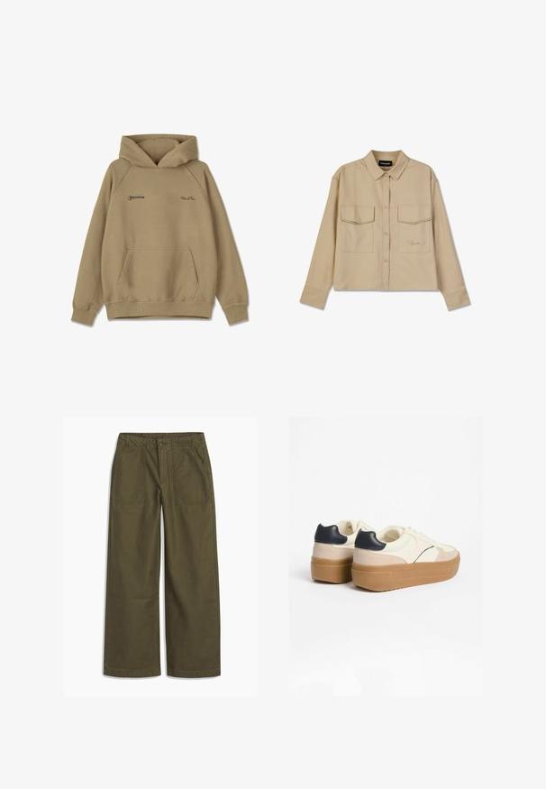 Sudadera con capucha beige de material polar, con un bolsillo frontal, puños de canalé y logotipos bordados en el pecho.; Camisa de manga larga beige, hecha de una tela suave, con cierre de botones, dos bolsillos en el pecho y un dobladillo recto. Bordado sutil del logotipo en la parte delantera.; Pantalones de pierna ancha de color verde oliva con bolsillos delanteros tipo parche, cierre de botón y trabillas para cinturón, presentados en plano sobre un fondo blanco.; Zapatillas deportivas blancas con suela de plataforma, con detalles en beige y azul marino, materiales lisos y texturizados. Cordones y diseño de punta redondeada.