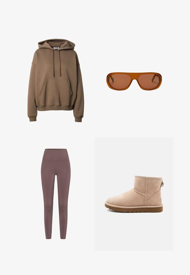Sweat à capuche oversize marron avec poche avant, capuche à cordon, poignets et ourlet côtelés, marqué "EDITED" sur l’étiquette du col.; Leggings taille haute dans une couleur mauve douce, fabriquées à partir d'un tissu lisse et extensible. Présentent un design sans couture sans matériel visible.; Bottine en daim beige à bout arrondi, avec des accents cousus et une semelle en caoutchouc brun texturé. Elle se distingue par une languette à l'arrière.; Lunettes de soleil rectangulaires marron oversize avec des montures épaisses et des verres teintés assortis, présentées sur fond blanc.