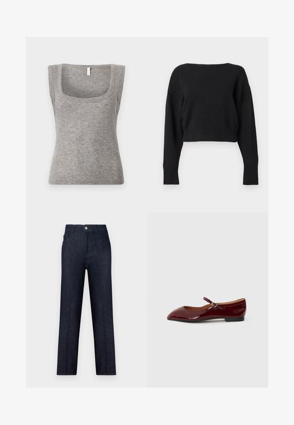 Pull court noir à manches longues avec large encolure et poignets et ourlet côtelés, présenté sur un fond gris clair uni.; Débardeur gris sans manches en maille côtelée avec un décolleté carré et une silhouette ajustée, présentant une texture lisse et une légère élasticité.; Jean en denim bleu foncé avec une coupe droite, une ceinture standard, des poches avant et un seul bouton métallique à la taille.; Ballerines en vernis bourgogne avec un bout pointu et une fine bride de cheville dotée d'une petite boucle. Semelle plate avec une finition lisse.