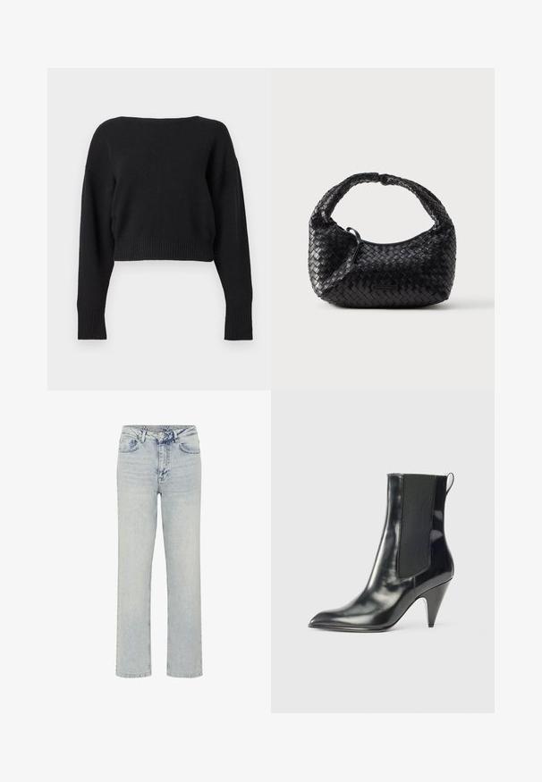 Musta pitkähihainen lyhyt neulepaita, jossa leveä pääntie ja resorit hihoissa ja helmassa, esitetty yksinkertaisella vaaleanharmaalla taustalla.; My Essential Wardrobe WIDE 05 THE LOUIS 139 - Relaxed fit -farkut - light blue dirty wash; Mustaa kiiltävä nahkainen nilkkuri, jossa on terävä varvas, joustava sivupaneeli, vetotappi takana ja keskipitkä kartiomainen korko.; Musta kudottu käsilaukku, jossa on pyöreä muoto, teksturoitu pinta ja kaareva kahva. Edessä hillitty logokoriste.