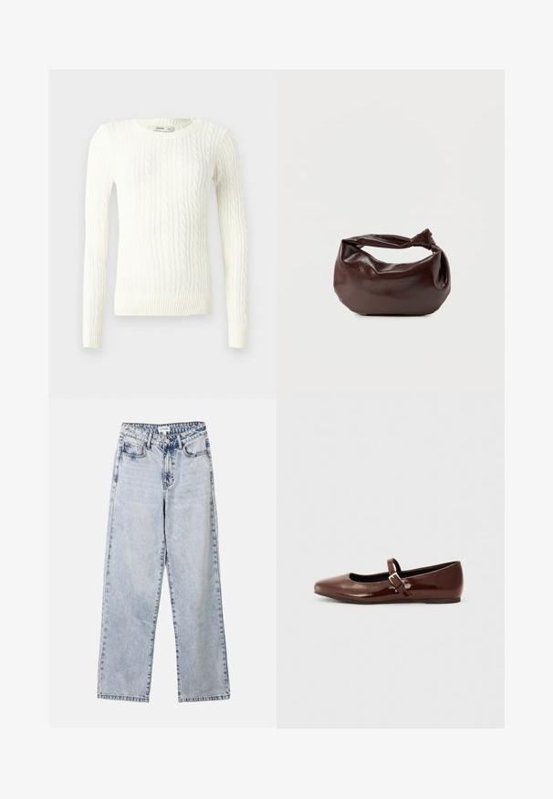Weißer Pullover mit Zopfmuster, langen Ärmeln, rundem Ausschnitt und geripptem Saum. Hergestellt aus strukturiertem Stoff mit klassischer, figurbetonter Passform.; Helle blaue Straight-Leg-Jeans aus Denim, ausgestattet mit zwei vorderen Taschen, einem Knopfverschluss und kontrastierenden Nähten entlang der Säume.; Braune Lackleder-Ballerinas mit quadratischer Zehenform und Riemen mit einer kleinen goldenen Schnalle. Glatte Textur, niedriger Absatz und minimalistisches Design.; Dunkelbraune Lederschultertasche mit weicher, lockerer Form und einem gedrehten Knotengriff vor schlichtem weißem Hintergrund.