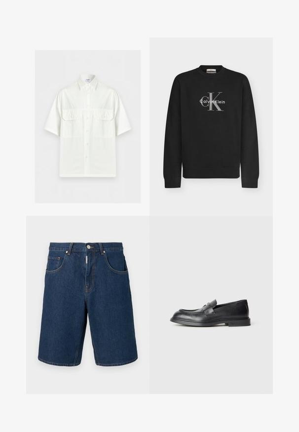 Sweat-shirt noir à manches longues col rond avec grand logo gris "cK" et logo blanc "Calvin Klein" centré sur le devant.; Chemise blanche à manches courtes avec col et deux poches à rabat sur le devant, présentée sur un fond clair uni.; Short en denim bleu foncé avec bouton et fermeture éclair à l'avant, passants pour ceinture et deux poches avant sur fond gris uni.; Mocassins en cuir noir avec une finition texturée, dotés d'une bride décorative à l'avant et d'un bout arrondi. Semelle en caoutchouc pour plus de durabilité.