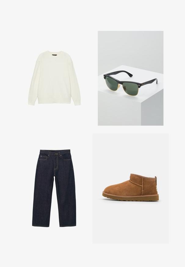 Pull blanc à manches longues avec col rond, poignets et ourlet côtelés, présenté sur un fond blanc uni.; Pantalon en denim bleu foncé à coupe ample, avec des coutures dorées, une fermeture avant par boutons, et deux poches latérales.; Bottine en suède beige avec un bout rond, des détails de couture subtils et une semelle en caoutchouc texturée. Hauteur courte sans lacets.; Lunettes de soleil Ray-Ban avec des verres verts, monture en plastique noir et accents dorés sur les bords. Forme carrée avec une finition mate.