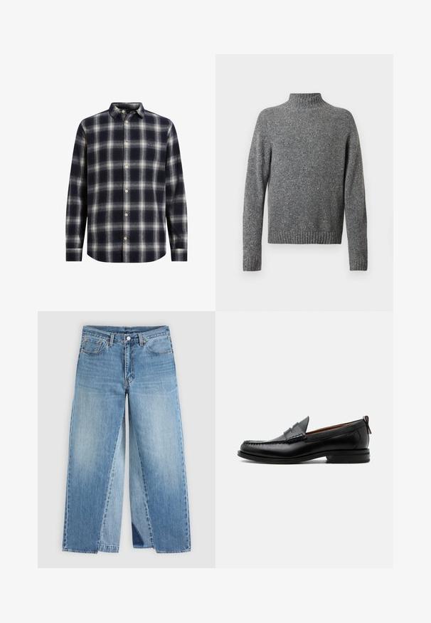 Grå spottet strikket sweater med høj krave, lange ærmer og ribstrikkede manchetter og bund.; Marineblå og cremeplaid flannel skjorte med knapkrave, lange ærmer og beige knapper; har en blød tekstur og en struktureret form.; Straight-leg blå denimjeans med klassisk fem-lomme design og forreste knaplukning, vist fladt på en neutral baggrund.; Sort læder herre loafer med moc-tå syning, penny strop, struktureret krave og lav stablet hæl på hvid baggrund.