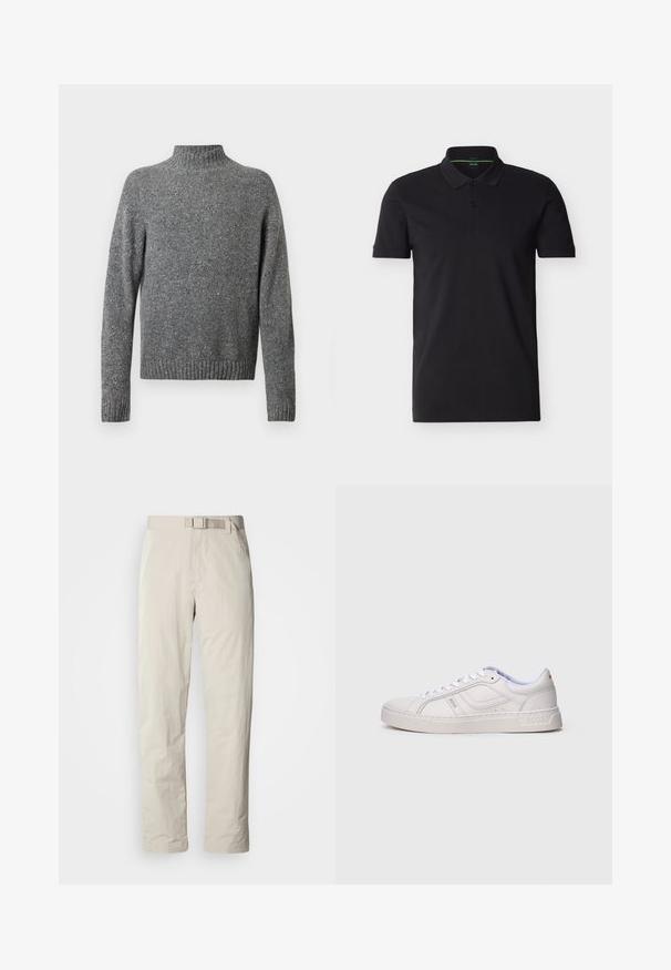 Pull en tricot gris moucheté avec un col montant, des manches longues et des poignets et un ourlet côtes.; Polo noir à manches courtes avec col et patte à deux boutons, présentant un logo BOSS discret sur la poitrine et une finition intérieure verte au niveau du cou.; Pantalons beiges au design droit, fabriqués dans un tissu léger. Dotés d'une ceinture intégrée et d'une texture subtile avec une finition élégante.; Baskets blanches basses à lacets, avec des détails cousus et le logo "BOSS" sur le côté et la semelle, vues de côté extérieur.