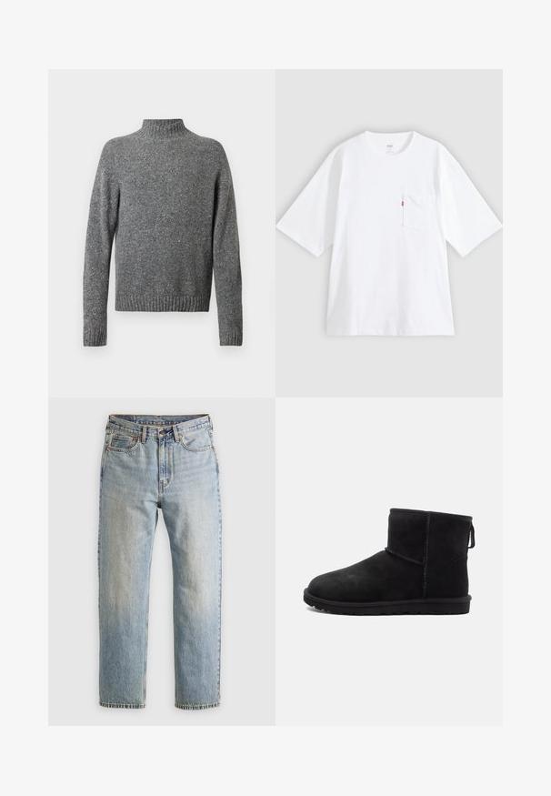 Grijs gespikkeld gebreid sweater met een hoge hals, lange mouwen en geribbelde manchetten en zoom.; Wit katoenen T-shirt met korte mouwen, ronde hals en een borstzak aan de linkerkant. Heeft een klein rood logotagje op de zak.; Lichtblauwe denim jeans met hoge taille, frontknop, rits en vijfzakkenontwerp, plat gelegd op een neutrale achtergrond.; Zwarte suède enkellaarsjes met ronde neus, minimale stikdetails, een lusje om aan te trekken en een gestructureerde rubberen zool. Ontworpen voor warmte en comfort.