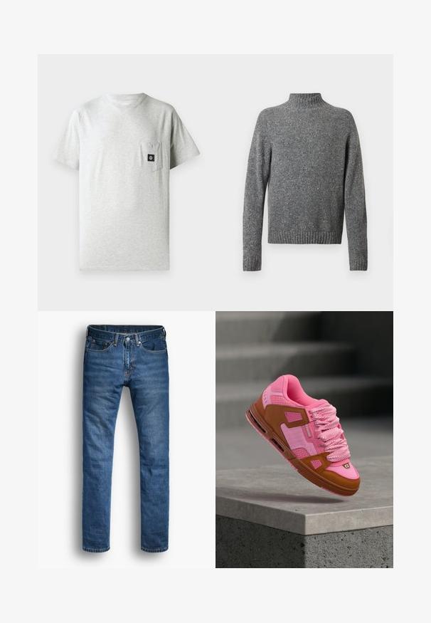 Grijs gespikkeld gebreid sweater met een hoge hals, lange mouwen en geribbelde manchetten en zoom.; Heren grijs katoenen t-shirt met een ronde hals, korte mouwen en een borstzak aan de linkerkant met een klein zwart logo-label.; Blauwe spijkerbroek met een rechte pijpvorm. Kenmerken zijn onder andere vijf zakken, een knoopsluiting en contrasterend oranje stiksel op de naden.; Roze en bruine sneaker met dikke roze veters, zwevend boven een betonnen richel tegen een wazige achtergrond van grijze traptreden.