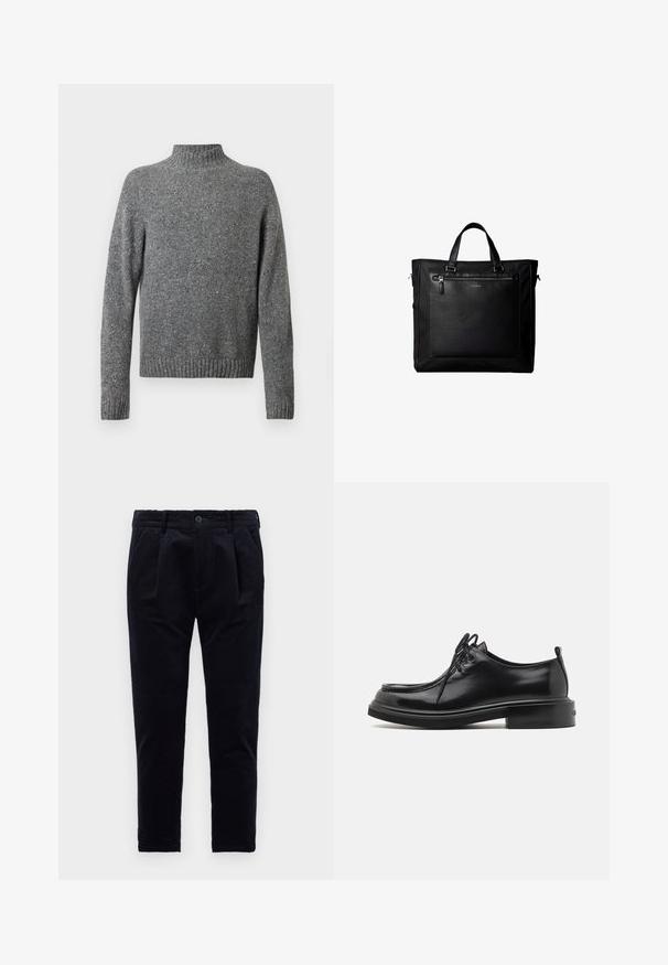 Grijs gespikkeld gebreid sweater met een hoge hals, lange mouwen en geribbelde manchetten en zoom.; Donkerblauwe broek van textuurstof, met een knoopsluiting, plooien en een elastische tailleband voor comfort. Recht model.; Calvin Klein LACE UP APRON BRUSH OFF - Veterschoenen - black; Zwarte tote bag met dubbele handvatten, grote voorste leren zak met ritssluiting en subtiel Calvin Klein-logo in het midden van de zak.