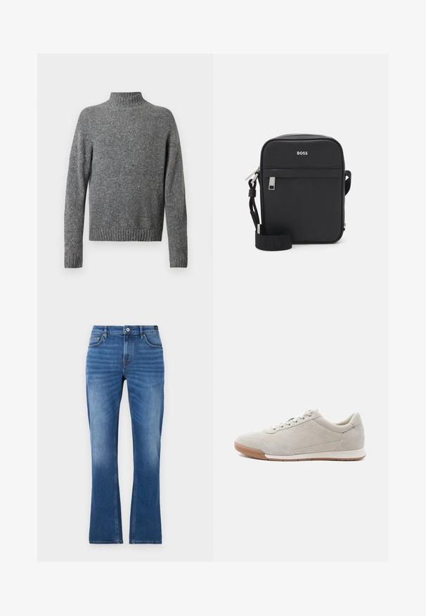 Grå spottet strikket sweater med høj krave, lange ærmer og ribstrikkede manchetter og bund.; Mellemblå denim flared jeans. Har fem lommer, syede detaljer, knaplukning og en let falmet tekstur på benene.; Lyse beige ruskindssneaker med hvide snørebånd, gummisål og subtile syningsdetaljer, vist fra venstre side på en hvid baggrund.; Sort syntetisk crossover taske med lynlåslukning, frontlomme og justerbar rem med brandlogoet "BOSS" på forsiden.