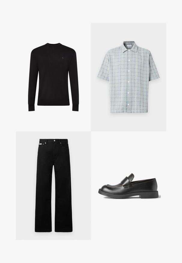 Pull noir à manches longues avec col rond, petit logo discret sur la partie supérieure gauche de la poitrine et poignets et bas côtelés.; Chemise à manches courtes à boutons avec un motif à carreaux bleu et blanc, col évasé et boutons blancs sur le devant.; Pantalon en denim noir avec une coupe large, doté de cinq poches et de boutonnières métalliques. Texture lisse, sans motifs visibles.; CAMPERLAB MIL-1978 - Chaussons - schwarz
