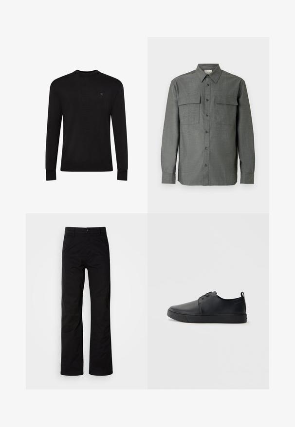 Sort langærmet sweater med rund hals og lille diskret logo på venstre øvre bryst samt ribbet manchetter og kant.; Grå skjorte med knapper foran, har en struktureret krave, to brystlommer og lange ærmer med knaplukning ved manchetterne; tekstureret stof.; Sort bomuldsbukser med lige ben, der har knaplukning og bæltestropper. Glat tekstur og minimalistisk stil uden synlige mønstre.; Sorte lædersneakers med en glat finish, rund tå, tonalt syning, snøring foran og en flad gummisål. Løkke ved hælen.