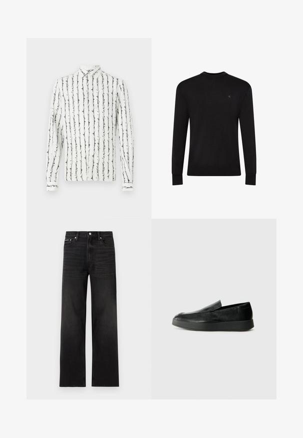 Pull noir à manches longues avec col rond, petit logo discret sur la partie supérieure gauche de la poitrine et poignets et bas côtelés.; Chemise blanche à boutons avec des rayures verticales noires et un motif floral. Manches longues avec des poignets à boutons. Fabriquée en tissu léger.; Jean noir droit avec cinq poches, passants pour ceinture et fermeture par bouton, présenté sur un fond blanc.; Calvin Klein HYBRID CUP - Chaussons - triple black