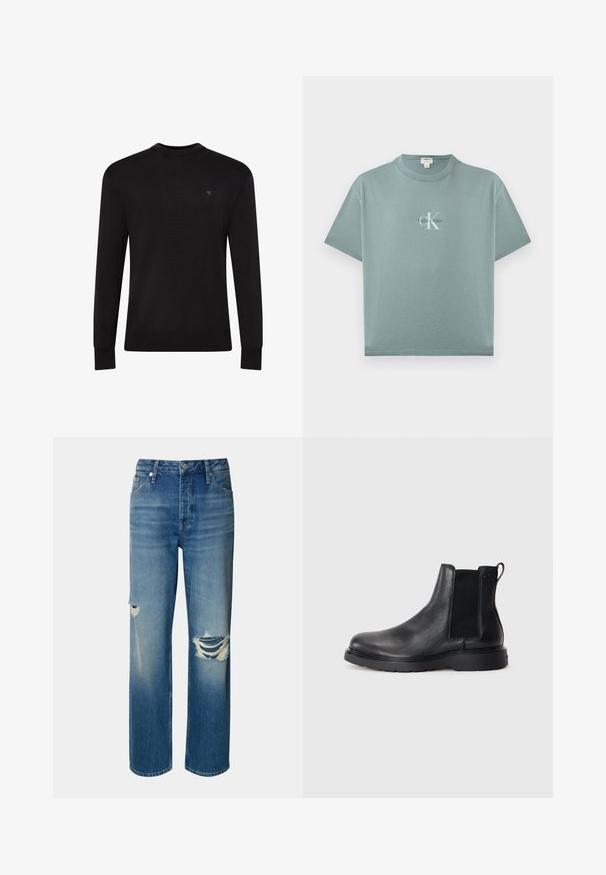 Zwarte trui met lange mouwen en ronde hals, met een klein subtiel logo op de bovenste linkerborst en geribbelde manchetten en zoom.; Licht turquoise T-shirt met korte mouwen en ronde hals, met een centraal geplaatst Calvin Klein-logo in witte en zwarte letters op de voorkant.; Lichtblauwe denim jeans met een hoge taille, rechte pijpen en versleten scheuren op beide knieën. Voorzien van het klassieke vijf-pocket ontwerp en een knoopsluiting.; Zwarte leren Chelsea boots met een gestructureerde afwerking, elastische zijpanelen en een stevige rubberen zool. Subtiele branding op de hiel.