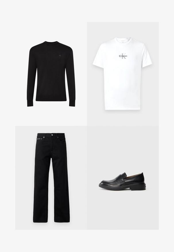 Jersey negro de manga larga con cuello redondo, pequeño logo sutil en la parte superior izquierda del pecho y puños y bajo acanalados.; Camiseta de cuello redondo de manga corta blanca con el logotipo "cK Calvin Klein" impreso en negro y gris centrado en el pecho.; Jeans de mezclilla negra con un diseño de pierna recta, cinco bolsillos y una etiqueta de logo en la parte delantera, con herrajes metálicos y una textura suave.; Zapato de vestir negro de cuero sin cordones con tacón bajo y un sutil logo de Calvin Klein en el lateral, mostrado en perfil sobre un fondo blanco.