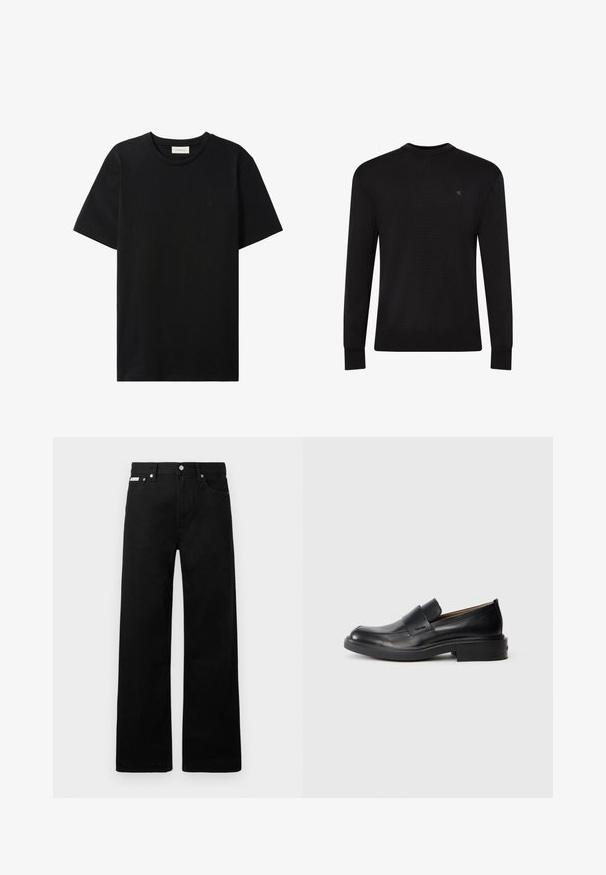 Sort langærmet sweater med rund hals og lille diskret logo på venstre øvre bryst samt ribbet manchetter og kant.; Sort t-shirt med korte ærmer og rund hals med subtil Calvin Klein Jeans-logo på brystet og en label indeni halsåbningen.; Sorte denimbukser med bred ben-design, der har fem lommer og metallisk knapdetalje. Glat tekstur, uden synlige mønstre.; Sorte læder slip-on dress sko med lav hæl og subtil Calvin Klein logo på siden, vist i profil på en hvid baggrund.