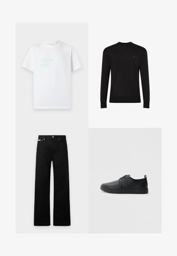 Sort langærmet sweater med rund hals og lille diskret logo på venstre øvre bryst samt ribbet manchetter og kant.; Hvid bomulds t-shirt med korte ærmer. Har et lysegrønt "calvin klein" logo trykt foran. Standard crew neck design.; Sorte denimbukser med bred ben-design, der har fem lommer og metallisk knapdetalje. Glat tekstur, uden synlige mønstre.; Sorte lædersneakers med en glat finish, rund tå, tonalt syning, snøring foran og en flad gummisål. Løkke ved hælen.