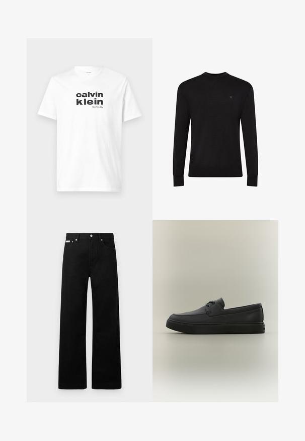 Zwarte trui met lange mouwen en ronde hals, met een klein subtiel logo op de bovenste linkerborst en geribbelde manchetten en zoom.; Witte katoenen t-shirt met gedurfde zwarte tekst: "calvin klein" en "New York City." Klassieke ronde halslijn en korte mouwen.; Zwarte spijkerbroek met een wijd uitlopende pasvorm, voorzien van vijf zakken en metallic knopen. Gladde textuur, geen zichtbare patronen.; Zwarte casual leren loafer met veters en dikke rubberen zool, zijaanzicht op een neutrale achtergrond.