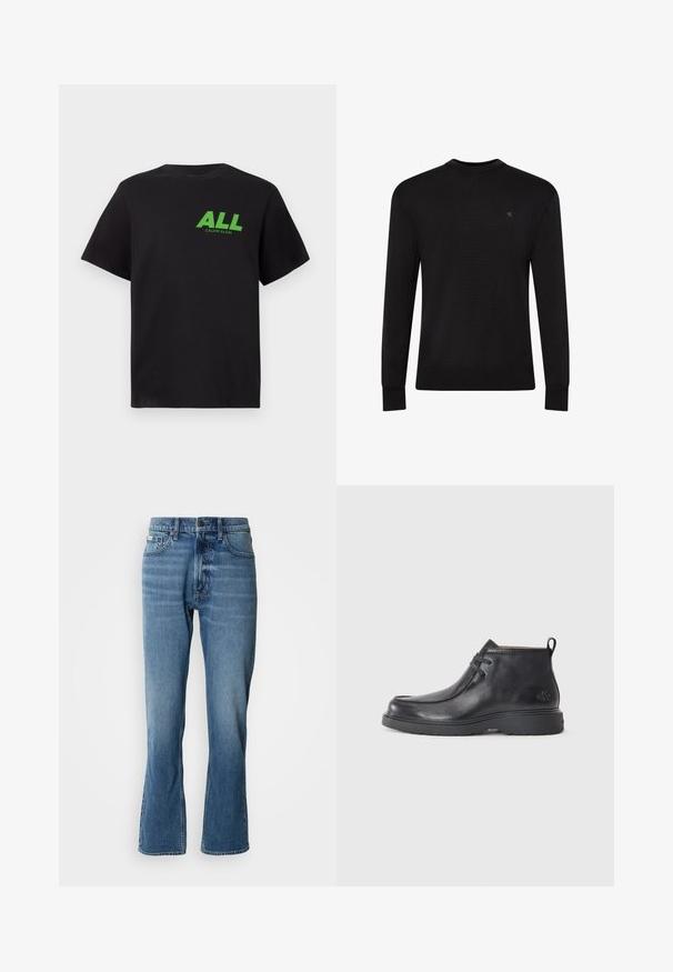 Sort langærmet sweater med rund hals og lille diskret logo på venstre øvre bryst samt ribbet manchetter og kant.; Sort kortærmet T-shirt med grøn "ALL" tekst og mindre "Calvin Klein" logo trykt på den øverste venstre bryst.; Lyseblå denim jeans med lige pasform og let flare. Har fem lommer, knaplukning og subtile slidte detaljer.; Sorte læder ankelstøvler med rund tå, snørelukning og en løkke bagpå. Tekstureret overdel og gummisål.