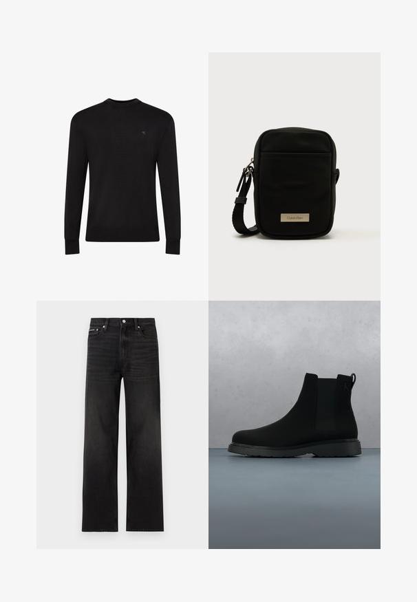 Sort langærmet sweater med rund hals og lille diskret logo på venstre øvre bryst samt ribbet manchetter og kant.; Sorte jeans med lige ben, fem-lomme design, bæltestropper og knaplukning, vist på en hvid baggrund.; Sort ankelstøvle lavet af glat materiale med diskrete syninger, en gummisål og et strømlinet design, placeret over en overflade med træstruktur.; Sort tekstureret nylon skuldertaske med rektangulær form, der har en forreste lynlåslomme og en metal logo plade. Justerbar rem inkluderet.