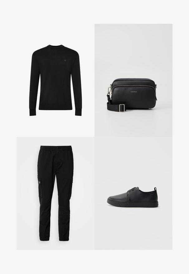 Pull noir à manches longues avec col rond, petit logo discret sur la partie supérieure gauche de la poitrine et poignets et bas côtelés.; Pantalons cargo noirs avec taille élastique, fermeture à bouton, deux poches latérales et deux poches cargo. Tissu lisse avec une coupe relaxée.; Baskets en cuir noir avec une finition lisse, bout arrondi, coutures ton sur ton, devant à lacets et semelle plate en caoutchouc. Anse au talon.; Sac en cuir noir à bandoulière avec deux compartiments zippés, finition texturée, sangle ajustable et accents en métal argenté. Logo Calvin Klein affiché.