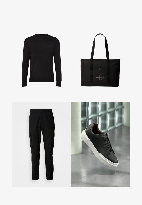 Sort langærmet sweater med rund hals og lille diskret logo på venstre øvre bryst samt ribbet manchetter og kant.; Sorte cargo bukser lavet af stof, med elastisk talje, knaplukning og flere sidelommer med klapper.; Sort lædersneaker med tyk hvid sål, sorte snørebånd, svævende over en grå beton gulv nær en væg med glasblokke.; Sort Calvin Klein tote taske med to lange håndtag og lomme foran, med mærkets logo i hvid og grå.