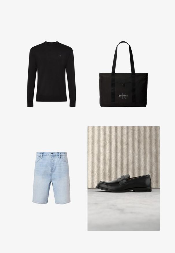 Sort langærmet sweater med rund hals og lille diskret logo på venstre øvre bryst samt ribbet manchetter og kant.; Lyseblå denimshorts med regular fit, fem-lomme design og knaplukning. Har subtilt slid og syet kant.; Sort læderloafer med metalbrandskilt hvilende nær et brunt rundt bord på beige tæppe.; Sort Calvin Klein tote taske med to lange håndtag og lomme foran, med mærkets logo i hvid og grå.