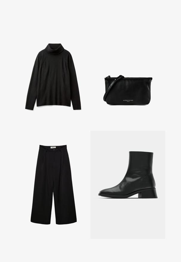 Pull noir en maille à col roulé. Il possède des manches longues, un col à côtes et une coupe ample avec des détails de manches raglan.; Pantalon noir à jambes larges avec taille haute, présentant des plis à l'avant, deux poches latérales et une fermeture par bouton. Texture de tissu lisse.; Bottine noire en cuir brillant, au design épuré, avec un bout pointu et un petit talon bloc pour plus de stabilité.; Sac bandoulière en cuir noir avec une sangle ajustable et une fermeture éclair argentée, marqué « Liebeskind Berlin » à l'avant.