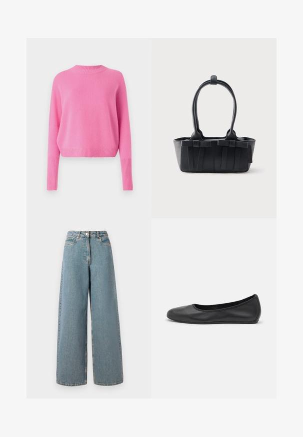CLOSED CREW NECK CROPPED - Trui - flamingo pink; Hogewaisted, lichtblauwe wijdvallende denim jeans met een ritssluiting aan de voorkant, knoopsluiting en zakken aan de voorkant.; Zwarte leren ballerina met een ronde neus, gladde textuur, minimale stikdetails en een flexibele zoolontwerp.; Zwarte leren handtas met twee handvatten, decoratieve riemen en een rechthoekige bodem op een effen lichte achtergrond.