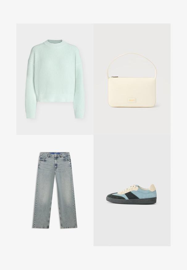 Licht mintgroene geribbelde gebreide trui met lange mouwen en een ronde hals, met een cropped, losse pasvorm.; Lichtblauwe wijde jeans van denim, met vervaagde gebieden, vijf zakken en een blauwe tailleband met merk.; Laag model sneaker in lichtblauw, donkergroen en beige zacht leer met een zwarte zool en beige veters, getoond vanuit de zijkant.; Roomkleurige rechthoekige handtas met een enkele draagband en een ritssluiting aan de bovenkant, met een klein ingegraveerd logoplacaat op de voorkant.