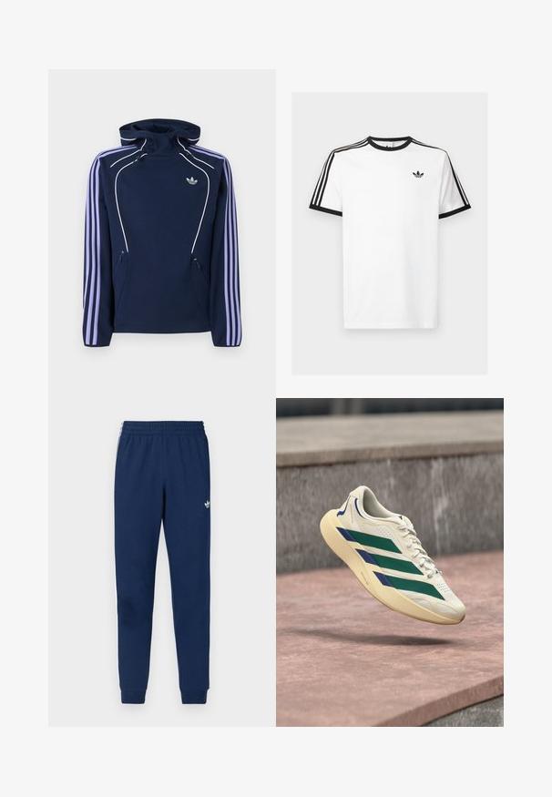 Μπλε ναυτικό φούτερ Adidas με ανοιχτό μωβ τρεις ρίγες στα μανίκια, τσέπες με φερμουάρ, κουκούλα με κορδόνι και άσπρη λεπτομέρεια σε περίγραμμα.; Λευκό βαμβακερό t-shirt με μαύρο ριγωτό λαιμό και μανίκια, διαθέτει τρεις μαύρες ρίγες σε κάθε ώμο και ένα μικρό λογότυπο στο στήθος.; Μπλε ναυτικό παντελόνι φόρμας με ελαστική μέση με κορδόνι, πλαϊνές τσέπες και τρεις λευκές ρίγες στα πλαϊνά. Διαθέτει μικρό λευκό λογότυπο.; Λευκό αθλητικό παπούτσι με πράσινες και μπλε ρίγες αιωρείται πάνω από μια πέτρινη επιφάνεια και φόντο γκρίζου πέτρινου τοίχου.