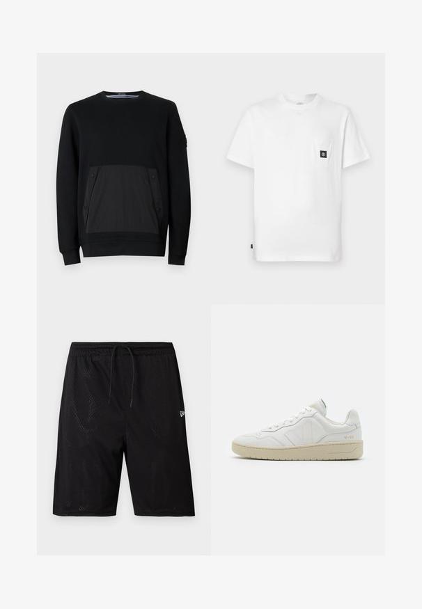 Schwarzer Pullover mit einer strukturierten schwarzen Tasche mit Druckknöpfen, Rundhalsausschnitt und langen Ärmeln. Glattes Material mit dezentem Glanz.; Weißes Baumwoll-T-Shirt mit Rundhalsausschnitt, kurzen Ärmeln und einer Brusttasche mit schwarzem Logo-Patch. Glatte Textur, lockere Passform.; Schwarze Mesh-Sportshorts mit einem elastischen Bund und Kordelzug, ausgestattet mit einer perforierten Textur und einem kleinen weißen Logo auf der unteren rechten Seite.; Weiße Leder-Sneaker mit strukturierter Oberfläche und gepolstertem Kragen. Sie verfügen über eine beigen Gummisohle und dezente Markenkennzeichnung an der Ferse und an der Seite.