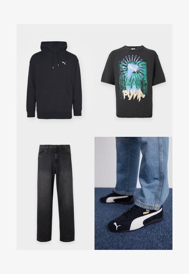 Schwarzer Kapuzenpullover mit Kängurutasche, verstellbaren Zugbändern und einem weißen Puma-Logo auf der Brust. Hergestellt aus weichem Fleece-Material.; Schwarzes Puma-T-Shirt mit abstraktem grün-blauem Grafikdruck, beigem Puma-Logo und stilisiertem Text auf der Vorderseite.; Dunkelgraue Denim-Jeans mit geradem Bein, ausgestattet mit einem Reißverschluss, fünf Taschen und subtilen Verblassungen auf dem Stoff.; Schwarze Wildledersneaker mit weißen Akzenten und einem goldenen Logo. Getragen mit hellblauen Jeans und auf einer strukturierten blauen Oberfläche platziert.