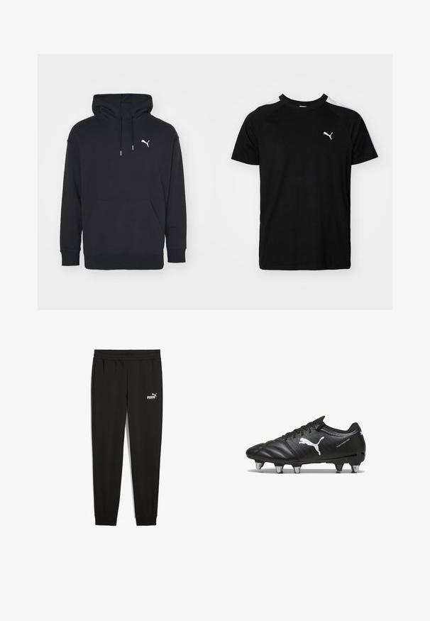 Sudadera con capucha negra, con un bolsillo tipo canguro, cordones ajustables y un logo blanco de Puma en el pecho. Fabricada en suave tejido de felpa.; Camiseta negra de manga corta con franjas blancas en los hombros, escote redondo y pequeño logo blanco en el lado izquierdo del pecho. Tejido suave, corte clásico.; Pantalones de chándal negros hechos de tela suave, con una cinturilla elástica, bolsillos laterales y un logo de Puma blanco en el lado izquierdo.; Botas de fútbol negras con material texturizado, logo blanco de Puma, sistema de cierre con cordones y tacos de metal para mejorar la tracción. El diseño enfatiza el rendimiento y el soporte.
