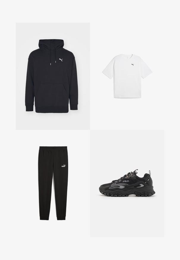 Sort hættetrøje med kangaroo-lomme, justerbare snore og et hvidt Puma-logo på brystet. Fremstillet af blødt fleece-materiale.; Hvid bomulds t-shirt med korte ærmer, rund halsudskæring og et lille sort Puma-logo på venstre bryst. Glat tekstur.; Sorte sweatpants lavet af blødt stof, med en elastisk talje, sidelommer og et hvidt Puma-logo på venstre side.; Sort sneaker med en overdel i mesh og syntetisk materiale, gummisål, afrundet tå og refleksdetaljer på siderne og snørebåndene.