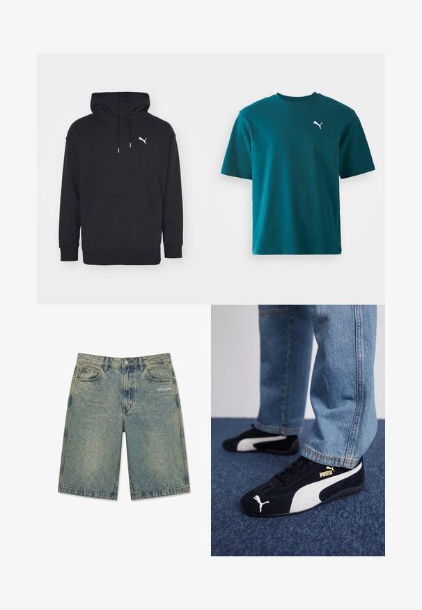 Schwarzer Kapuzenpullover mit Kängurutasche, verstellbaren Zugbändern und einem weißen Puma-Logo auf der Brust. Hergestellt aus weichem Fleece-Material.; Türaqua Baumwoll-T-Shirt mit kurzen Ärmeln, Rundhalsausschnitt und einem weißen Puma-Logo auf der linken Brust; glatte Textur und normale Passform.; Hellblaue Denim-Shorts mit ausgewaschenem Finish, Vordertaschen, Gürtelschlaufen, Knopfverschluss und „PEGADOR“-Logo auf der rechten Vordertasche.; Schwarze Wildledersneaker mit weißen Akzenten und einem goldenen Logo. Getragen mit hellblauen Jeans und auf einer strukturierten blauen Oberfläche platziert.
